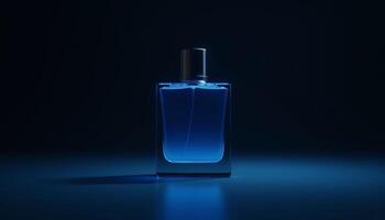 Elegant blue fragrance bottle illuminated by soft light in dark setting photo