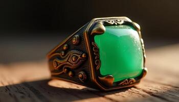 Intricate emerald stone ring with vintage brass detailing under sunlight photo