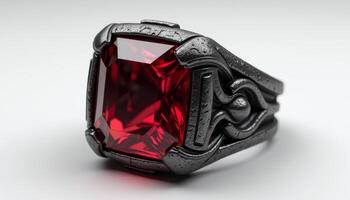 Elegant ring featuring a bold ruby setting and intricate metalwork design photo