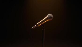 Golden microphone stands alone under soft spotlight in a darkened space photo
