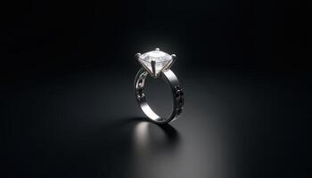 Sparkling diamond ring illuminated against a dark background in elegant display photo