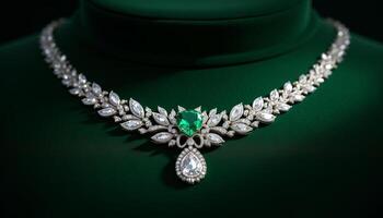 Exquisite emerald necklace sparkling under soft light on velvet display photo