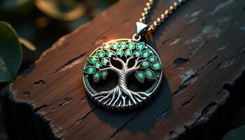 Unique tree of life pendant resting on rustic wooden surface bathed in sunlight photo