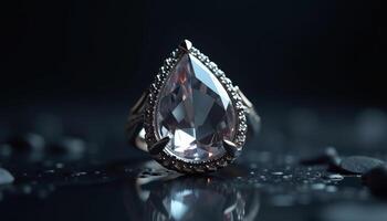Elegant teardrop gemstone ring resting on dark stones in soft light photo