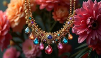 Jewelry adorned with vibrant gemstones against a blooming floral backdrop photo