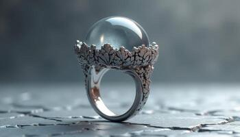 Unique ring design featuring a crystal orb and intricate metal details photo
