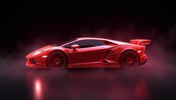 Red sports car on display in a dramatic fog-filled environment photo