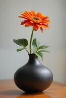 Vibrant Orange Flower in Simple Black Vase on Wooden Surface photo