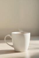 Hot Coffee in White Mug with Steam Against Soft Background photo