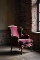 Vintage Red Armchair with Elegant Gold Frame in Rustic Setting photo