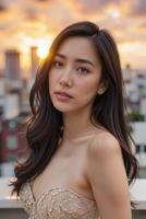 Beautiful Model Posing with Sunset Background on Urban Rooftop photo
