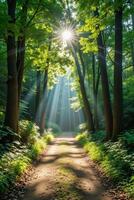 Serene Forest Path with Sunlight Breaking through Green Canopy photo