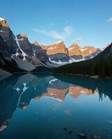 Serene Mountain Reflection in Calm Lake During Clear Blue Sky photo