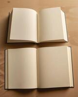 Two Empty Blank Books with Open Pages on Wooden Background photo