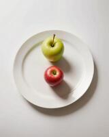 Fresh Green and Red Apples on a White Plate Minimalist Setting photo