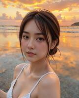 Young Woman Posing by the Beach During Sunset with Soft Light photo