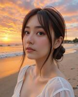 Beautiful woman by the beach during a sunset with vibrant sky photo