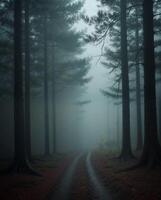 Misty Forest Pathway Surrounded by Tall Trees in Morning Fog photo