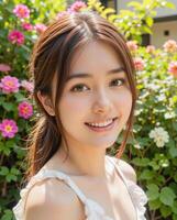 Young woman smiling among colorful flowers in a sunny garden photo