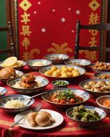 Vibrant Chinese Feast on a Decorative Table Setting with Dishes photo