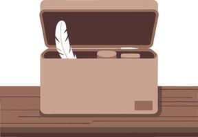 Open Storage Box with Feather and Jars on Wooden Surface Illustration vector