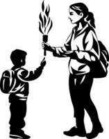 Mother Passing Torch to Child Silhouette Symbolizing Guidance and Tradition vector