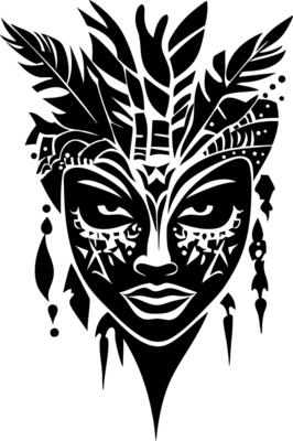 Intricate Tribal Mask Design with Feather Elements for Tattoo and Art Projects