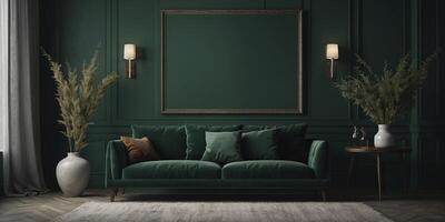 Green interior with sofa, coffee table and lamps. 3d render photo