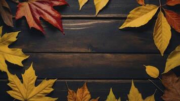 Autumn leaves on wooden background. Top view with copy space. photo
