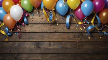 Colorful balloons and confetti on old wooden table, top view photo