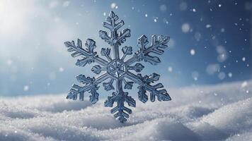 snowflake on snow, 3d render, blue background photo