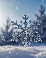 snowflake on snow, 3d render, blue background, winter photo