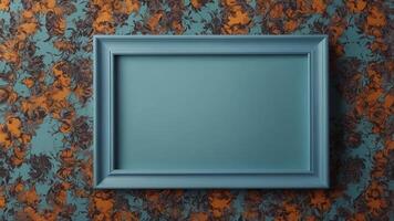 Blue vintage frame on a floral wallpaper. 3d render illustration. photo