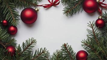 Christmas background with fir branches and red balls on white background. Flat lay, top view. photo