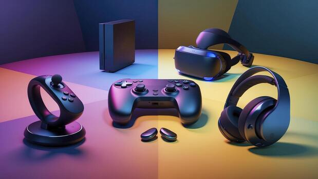 modern wireless joystick, gaming gamepad controller, VR goggles, and headphones are centered on a vibrant, multicolored background photo