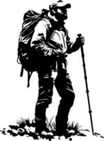Adventurous Hiker Silhouette with Backpack and Walking Stick on Mountain vector