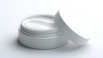 a white container with cream inside on a white surface photo