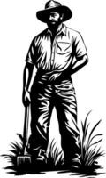 Rustic Farmer Silhouette with Hat Holding Hoe in Field vector