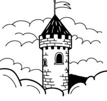 Medieval Tower Amidst Clouds Black and White Illustration vector