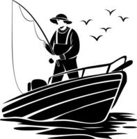 Illustration of Fisherman on Boat with Birds in Minimalist Style vector