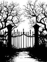 Spooky Haunted Graveyard Iron Gate Silhouette with Bare Trees Art vector