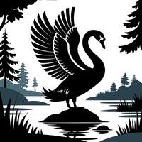 Elegant Swan Silhouette on Tranquil Lake with Pine Trees for Nature Art Design vector