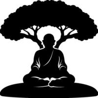 Meditation Silhouette of Monk Under Spreading Tree for Calmness and Spirituality in Art vector