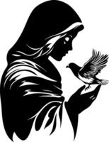 Silhouette of Woman in Hood Holding Dove Symbolizing Peace and Serenity for Art Design vector