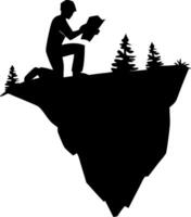 Silhouette of Man Reading on Floating Island with Trees vector