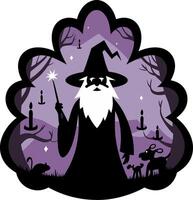 Wizard Silhouette in Enchanted Forest with Candles and Animals Art vector