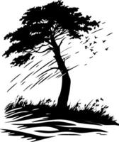 Silhouette of Windswept Tree with Flying Birds for Inspirational Art and Design vector