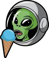 Alien in Space Helmet Enjoying Ice Cream Illustration vector
