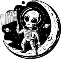 Alien Astronaut Holding Flag on Crescent Moon Space Exploration Art vector