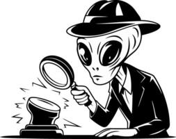 Alien Detective with Magnifying Glass Investigating Button in Art vector